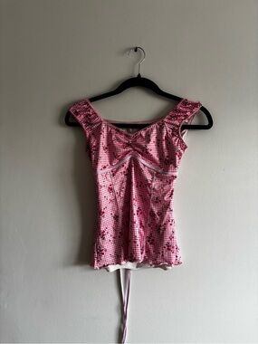 Source Unknown Pink Floral Gingham Tie-Back Top